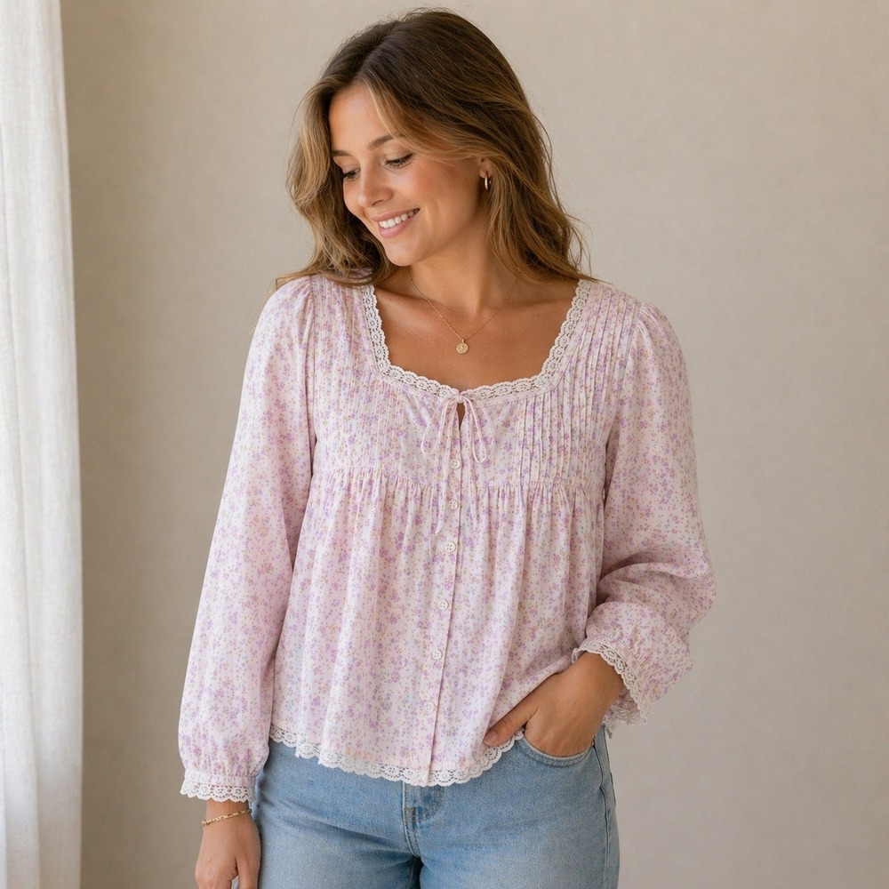 Hippie Rose Top Floral Lace Trim Pintuck Cottagecore Pink Medium